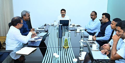 HRD Minister Nara Lokesh addressing a review meeting on school and Intermediate education on Tuesday.