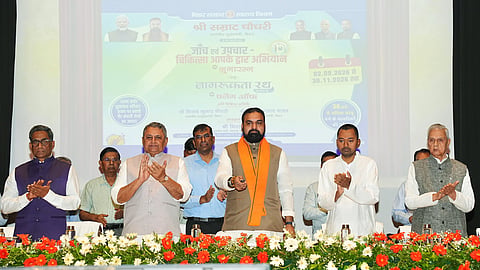 Bihar Chief Minister Samrat Choudhary (C) launches the 'Jaanch evam Upchar Chikitsa Aapke Dwar' (Screening and Treatment at Your Doorstep) campaign at Urja Auditorium, in Patna, on Wednesday, Sep. 02, 2026.