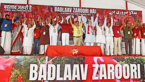 CPI leaders at a rally against the Centre under the slogan ‘Badalaav Zaroori Hai’, at Ramlila Maidan on Tuesday.
