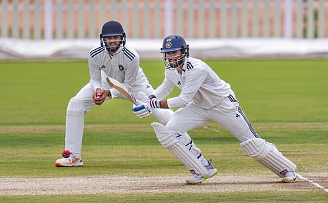 Tilak Varma plays a shot during the Duleep Trophy semifinal at BCCI's CoE Ground, Bengaluru on Wednesday
