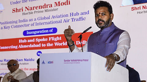 Union Minister of Civil Aviation Kinjarapu Ram Mohan Naidu addresses the gathering during the inauguration of the hub-and-spoke flight operations connecting Ahmedabad to international destinations via Delhi, at Sardar Vallabhbhai Patel International Airport (SVPIA), in Ahmedabad, Tuesday, Sept. 1, 2026. 