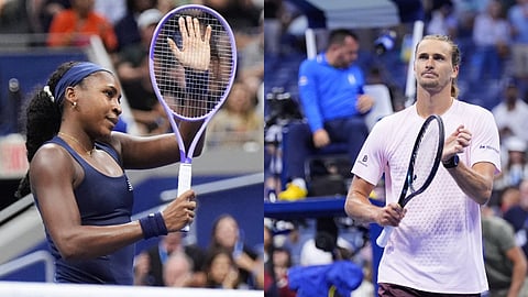 Coco Gauff, of the United States, reacts to the crowd during her match against Zeynep Sonmez. Alexander Zverev (R), of Germany, acknowledges fans after defeating Lorenzo Sonego, of Italy.