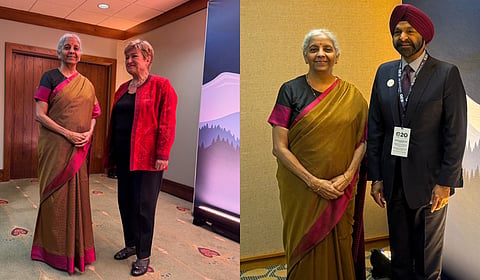 Finance Minister Nirmala Sitharaman with IMF Managing Director Kristalina Georgieva (L) and  World Bank President Ajay Banga (R). 