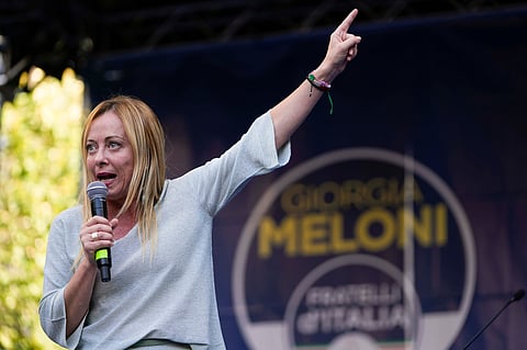 Right-wing party Brothers of Italy's leader Giorgia Meloni addresses a rally as she starts her political campaign ahead of the Sept. 25 general elections, in Ancona, Italy, Tuesday, Aug. 23, 2022.