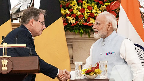 Prime Minister Narendra Modi exchanges a handshake with Belgium Prime Minister Bart De Wever during a joint press statement, at Hyderabad House in New Delhi, Thursday, Sept. 3, 2026. 