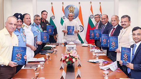 Defence Minister Rajnath Singh released ‘RAKSHA’ document on defence diplomacy in New Delhi on September 03, 2026.