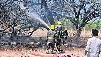 Fire personnel dousing the flames at the blast site in Sivakasi 