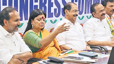 AICC general secretary Deepa Dasmunsi is seen in a thoughtful moment during the Political Affairs Committee meeting at Indira Bhavan in Thiruvananthapuram on Thursday. Ministers P C Vishnunadh and Sunny Joseph, Chief Minister V D Satheesan and AICC secretary P V Mohanan are also seen.