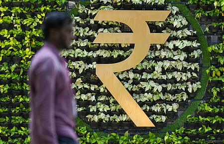 Rupee logo at Reserve Bank of India (RBI) headquarters, in Mumbai.