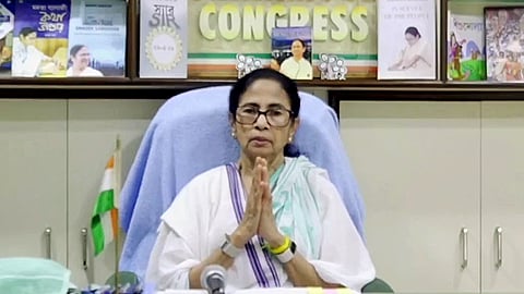 Former West Bengal Chief Minister and Trinamool Congress chief Mamata Banerjee shares a video message in Kolkata on Thursday, Sept. 3, 2026.