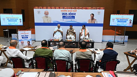 Union Minister of Jal Shakti, CR Paatil (R); BJP National President Nitin Nabin (C) and BJP National General Secretary BL Santosh (L) during 'Jal Manthan': A Jal Shakti Ministers' Workshop in New Delhi on Thursday.