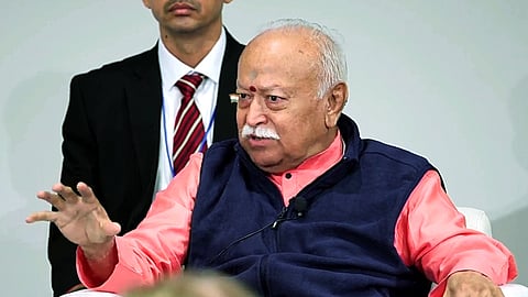 In this photo from Aug. 29, 2026, RSS Chief Mohan Bhagwat addresses at 'One World One Humanity' event, in New York.