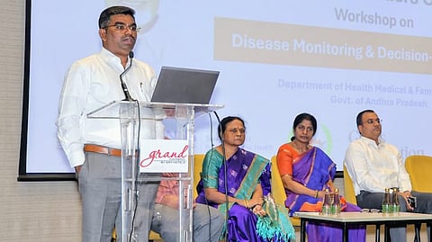 Health Secretary G Veerapandian speaking at the State-level workshop on operationalisation of the DMDC, in Vijayawada on Wednesday.