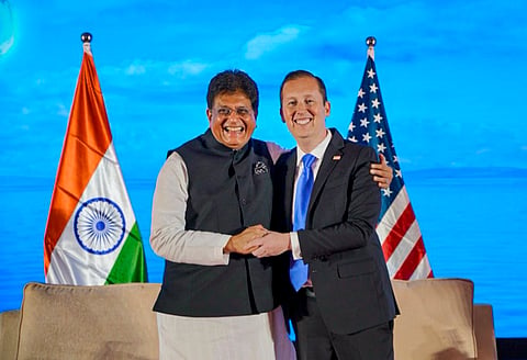 In this image posted on Sept. 2, 2026, Union Minister for Commerce and Industry Piyush Goyal, left, meets US Ambassador to India Sergio Gor during ACMA's 66th Annual Session, in New Delhi.