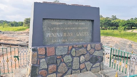 A plaque marking the Peninsular Gneissic Complex at Lalbagh.