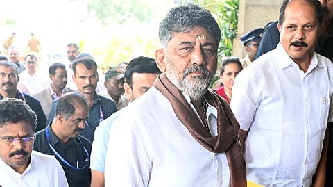 Chief Minister DK Shivakumar arrives at Vidhna Soudha for the cabinet meeting on Thursday.