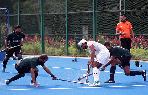 Action during a match in the ongoing senior men's tournament