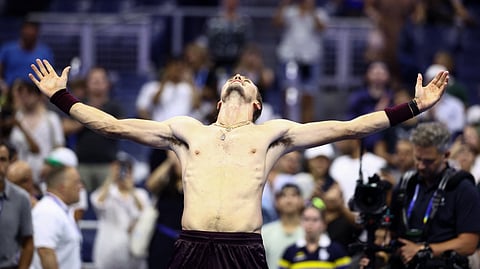 Germany's Alexander Zverev celebrates after winning the men's singles second round tennis match against France's Quentin Halys on day five of the US Open tennis tournament on September 3, 2026.