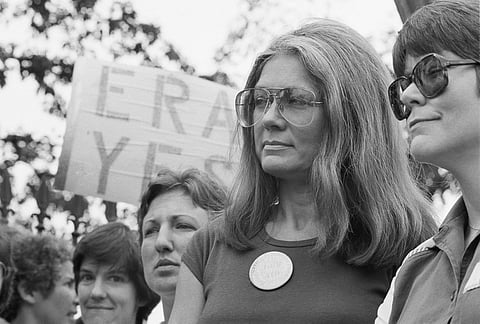 Gloria Steinem of the National Organization for Women attends an Equal Rights Amendment rally outside the White House on July 4, 1981, in Washington.