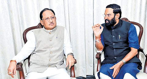 Irrigation Minister N Uttam Kumar Reddy with Chhattisgarh Chief Minister Vishnu Deo Sai in New Delhi on Thursday night