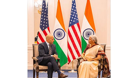 Sitharaman (right) met Alejandro Perez, Group COO of BNY Mellon (left), to discuss deeper investment by global financial institutions and "opportunities arising from India’s growing financial ecosystem."