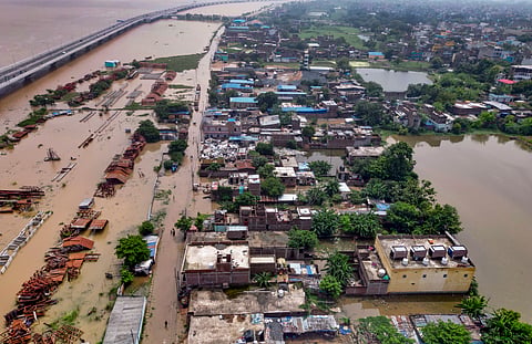  An aerial view of a residential area inundated by floodwaters following the rise in the water level of the Ganga river, in Patna, Bihar, Friday, Sept. 4, 2026.