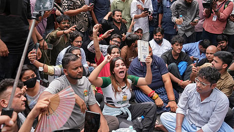 Cockroach Janta Party (CJP) supporters stage a protest outside Parliament Street police station demanding action against self-styled Hindutva influencer Swatantra Bhardwaj over the alleged assault of Sanjay Kumar, father of CJP protester Nishu Azad, during a demonstration at Jantar Mantar on July 20th, in New Delhi, Friday, Sept. 4, 2026.