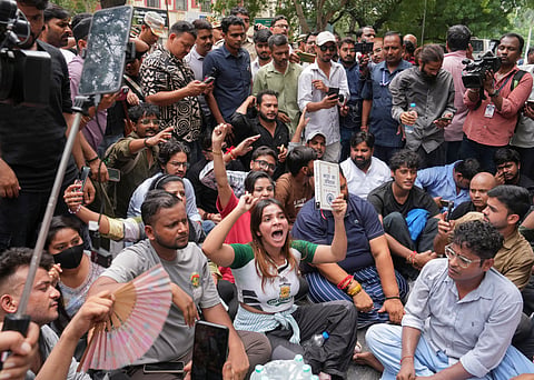 Cockroach Janta Party (CJP) supporters stage a protest outside Parliament Street police station demanding action against self-styled Hindutva influencer Swatantra Bhardwaj over the alleged assault of Sanjay Kumar, father of CJP protester Nishu Azad, during a demonstration at Jantar Mantar on July 20th, in New Delhi, Friday, Sept. 4, 2026.