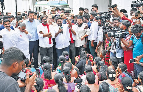 Ministers N Anand, Aadhav Arjuna, A Rajmohan and CTR Nirmal Kumar holding talks with protesting workers in Chennai on Friday.  