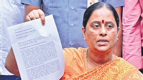 Minister Konda Surekha speaks during a press meet at her residence in Hyderabad.