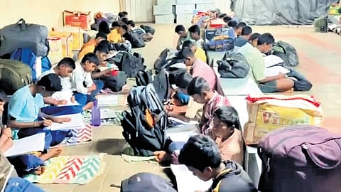 In all, 172 students from Classes 6 to 10 are made to sit in the same shed that has been constructed with a steel frame with sheets.