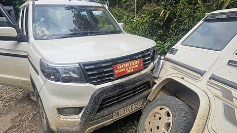 The car targeted in an ambush by suspected militants in Kangpokpi district, Manipur, in which three church leaders were killed.