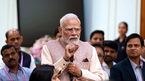 In this screengrab from a video posted on Sept. 5, 2026, Prime Minister Narendra Modi interacts with National Teachers Awards winners at his official residence, in New Delhi. 