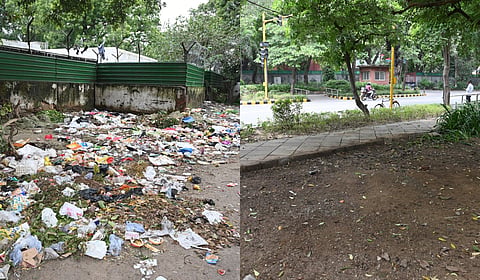 (Left) A general image of a street full of discarded rubbish at Pt Uma Shankar Marg in New Delhi on August 3; (Right) A general view depicts a clean street following action by civic officials addressing the dumped waste near Nyaya Marg in New Delhi on September 4, 2026.