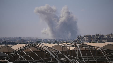 The Israeli army demolishes buildings east of Khan Younis, in the southern Gaza Strip, Friday Sept. 4, 2026.