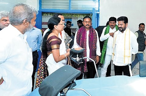Chief Minister A Revanth Reddy interacts with officials after inaugurating the new critical care block at Government General Hospital, Kodangal, on Saturday