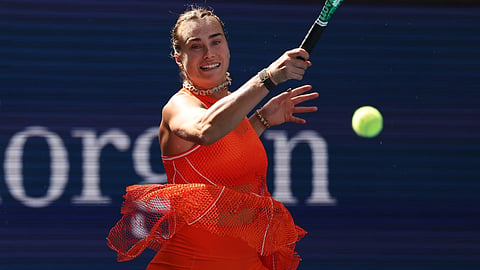 Aryna Sabalenka, of Belarus, returns the ball to Kamilla Rakhimova, of Uzbekistan, during the third round of the U.S. Open tennis championships Friday, Sept. 4, 2026, in New York.