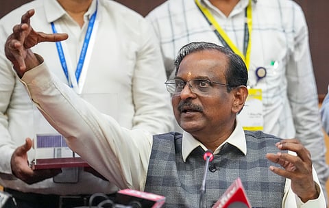 ISRO chief V Narayanan addresses a press meet after the launch of EVO-S05, at the Satish Dhawan Space Centre on Friday