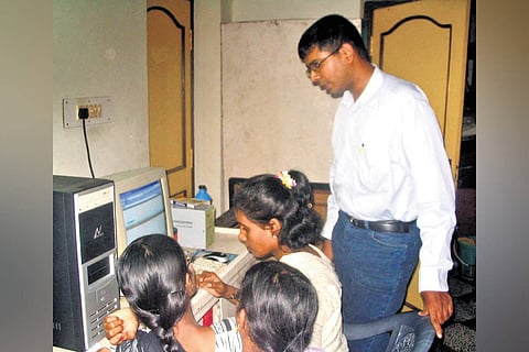 Students at the Bhumi’s computer education programme, which was initiated for underprivileged children 