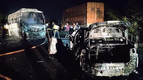 The van and the car that collided on Thurumangalam - Kollam Highway near Ilathur on Friday night. 