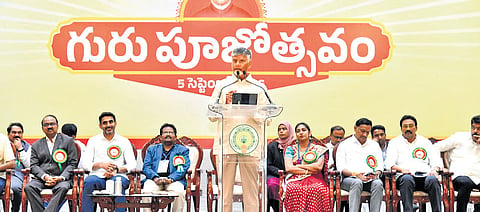Chief Minister Nara Chandrababu Naidu addressing a meeting on the occasion of Teachers Day in Vijayawada 
