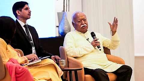  RSS Chief Mohan Bhagwat speaks at "RSS@100 Hindu Civilisation, Bharat and the World", an immersive dialogue, in London on Sunday.
