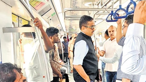 Chief Secretary Sanjay Jaju, accompanied by Hyderabad Metro Rail managing director Sarfaraz Ahmad and additional managing director Ajith Reddy, takes the Metro train from Begumpet to Paradise Junction on Sunday