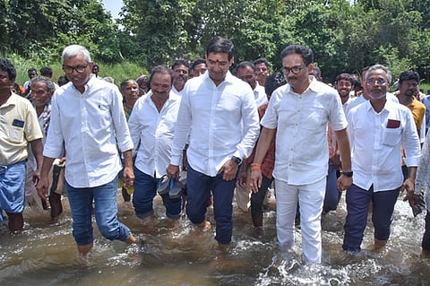 Minister for MSME, SERP, and NRI Empowerment and Relations Kondapalli Srinivas laying the foundation stone