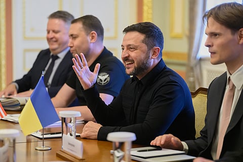 In this photo provided by the Ukrainian Presidential Press Office, Ukraine's President Volodymyr Zelenskyy talks with U.S. President Donald Trump's envoys Jared Kushner and Steve Witkoff at Mariinsky palace in Kyiv, Ukraine, Sunday, Sept. 6, 2026.