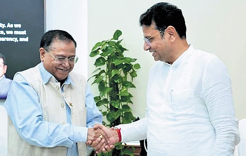 NITI Aayog member Dr VK Saraswat meets Telangana IT & Industries Minister Duddilla Sridhar Babu at the Dr BR Ambedkar Telangana Secretariat on Sunday