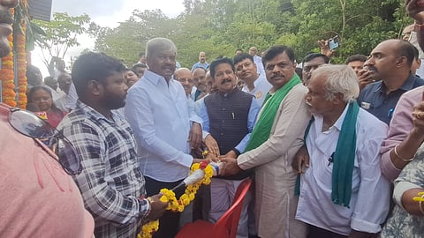 Chitradurga district in-charge minister inaugurated the flow of the Upper Bhadra Project waters on a trial basis at Shanthipura pump house in Tarikere taluk of Chikkamagaluru district on Sunday. Holalkere MLA Dr M Chandrappa, Hosad.