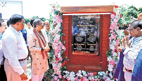 Sambalpur MP Dharmendra Pradhan laying stone of the RISHI building 