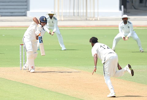 Vaibhav Sooryavanshi defends a ball