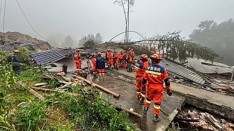 n this photo released by Xinhua News Agency, rescuers conduct a rescue operation at the site of a mudslide following days of heavy rain from tropical cyclone Saudel in Suichuan County of Ji'an City, east China's Jiangxi Province on Saturday, Sept. 5, 2026.